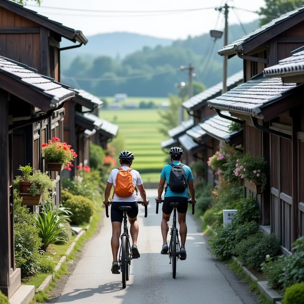 Cyclists Passing Traditional Houses in Japan