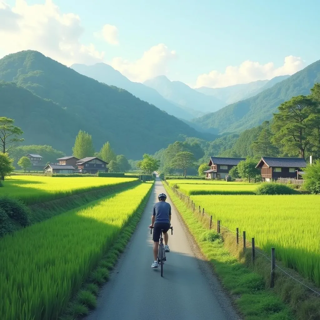 Cyclist enjoying Japanese countryside