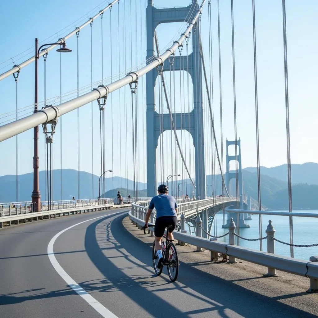 Cyclist riding across the Shimanami Kaido bridge