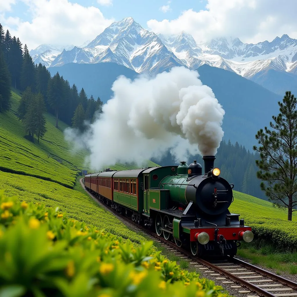 Darjeeling Himalayan Railway winding through lush tea gardens.