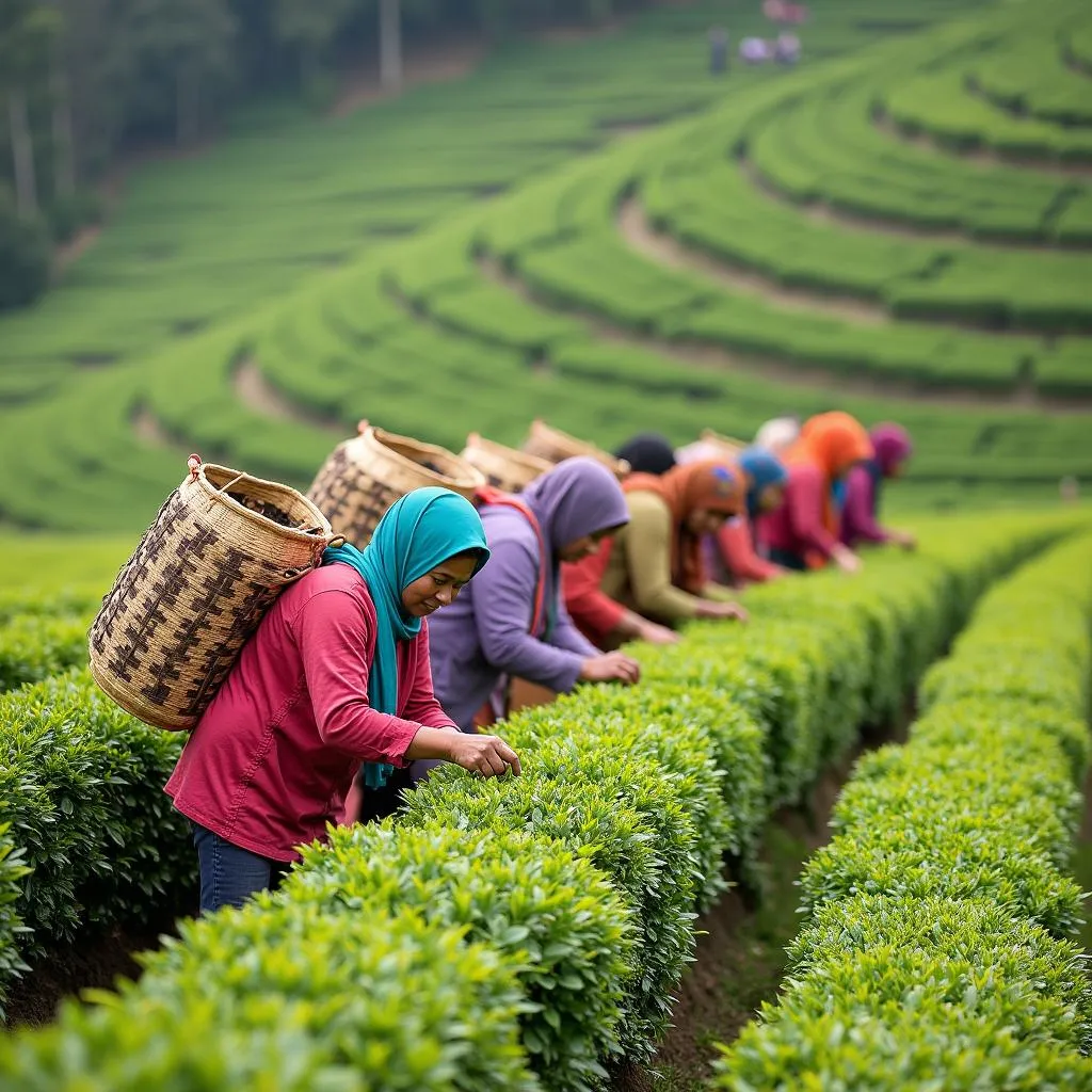 Tea plantation workers handpicking tea leaves in Darjeeling.