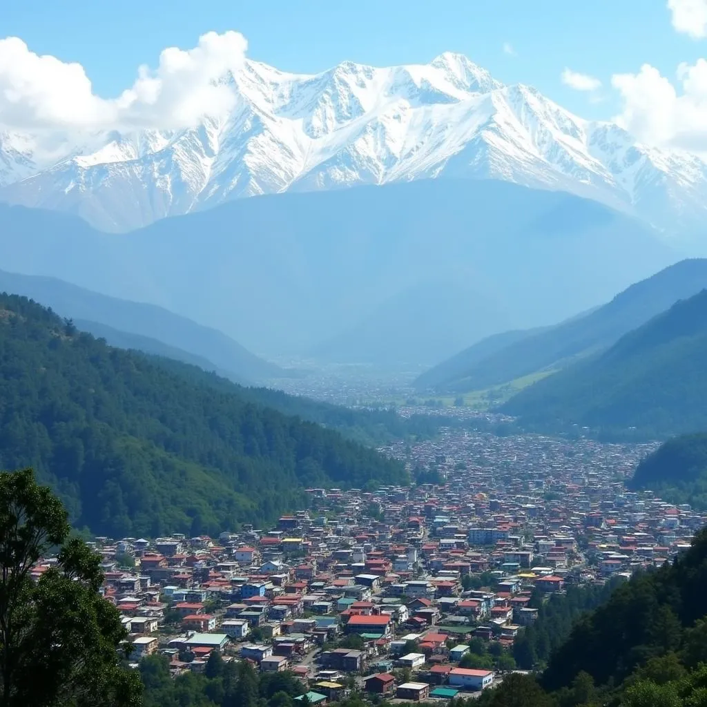 Panoramic view of Darjeeling town with the Himalayas in the background.