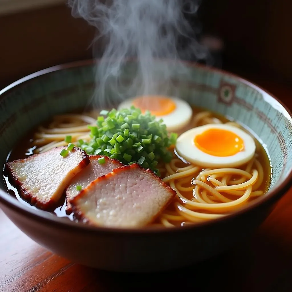 A steaming bowl of delicious ramen noodles with broth, eggs, and meat.