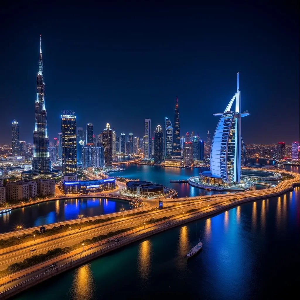 Dubai skyline illuminated at night