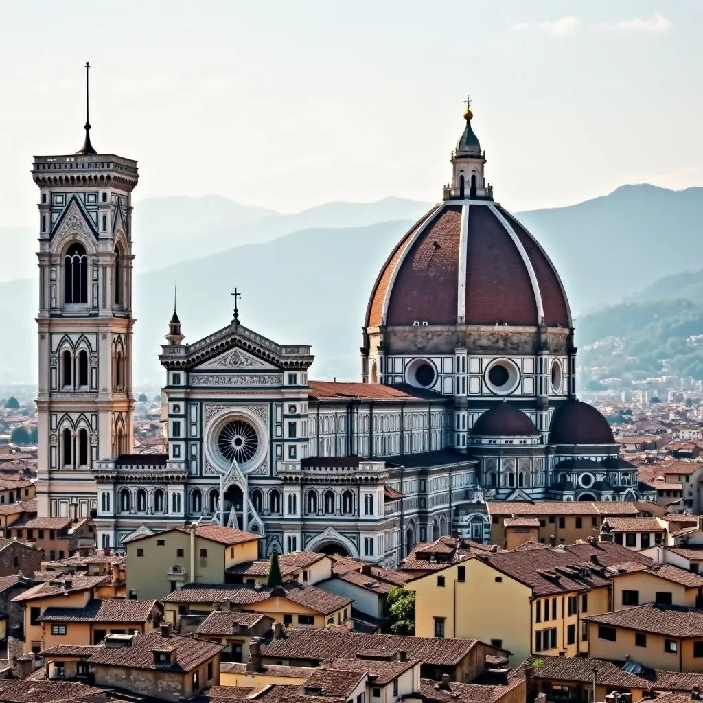 The Duomo in Florence, Italy, standing tall against a bright blue sky