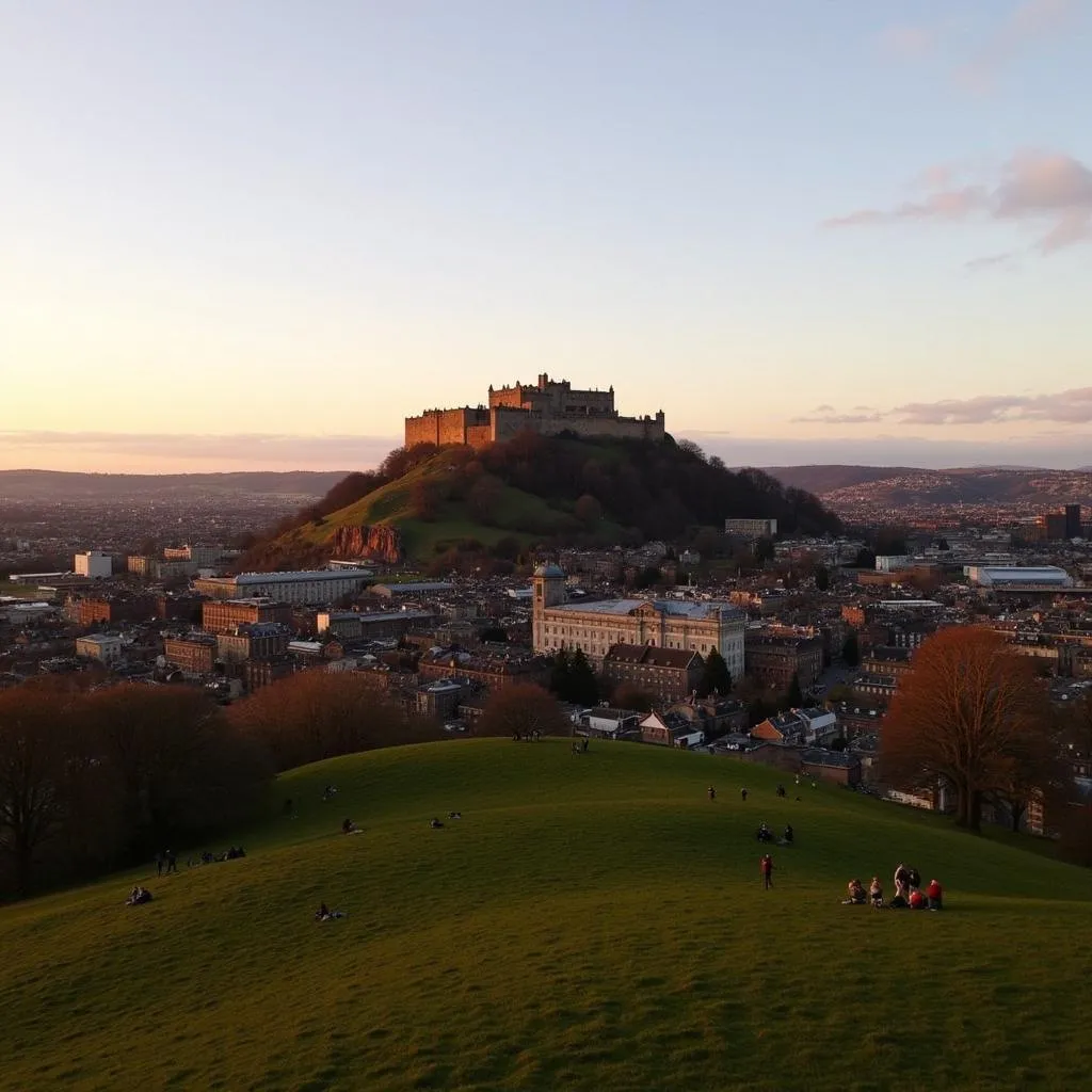 Edinburgh Castle seen from Calton Hill at sunset