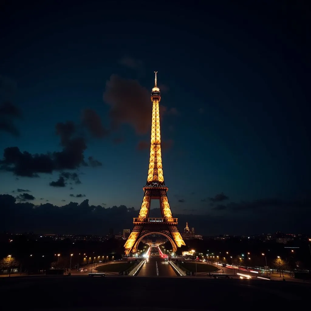 The Eiffel Tower illuminated against a dark night sky