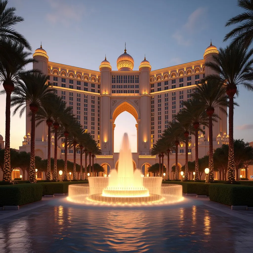 Emirates Palace Hotel facade at sunset with fountains and palm trees, Abu Dhabi