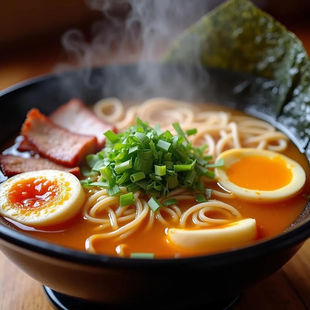 Steaming bowl of ramen noodles