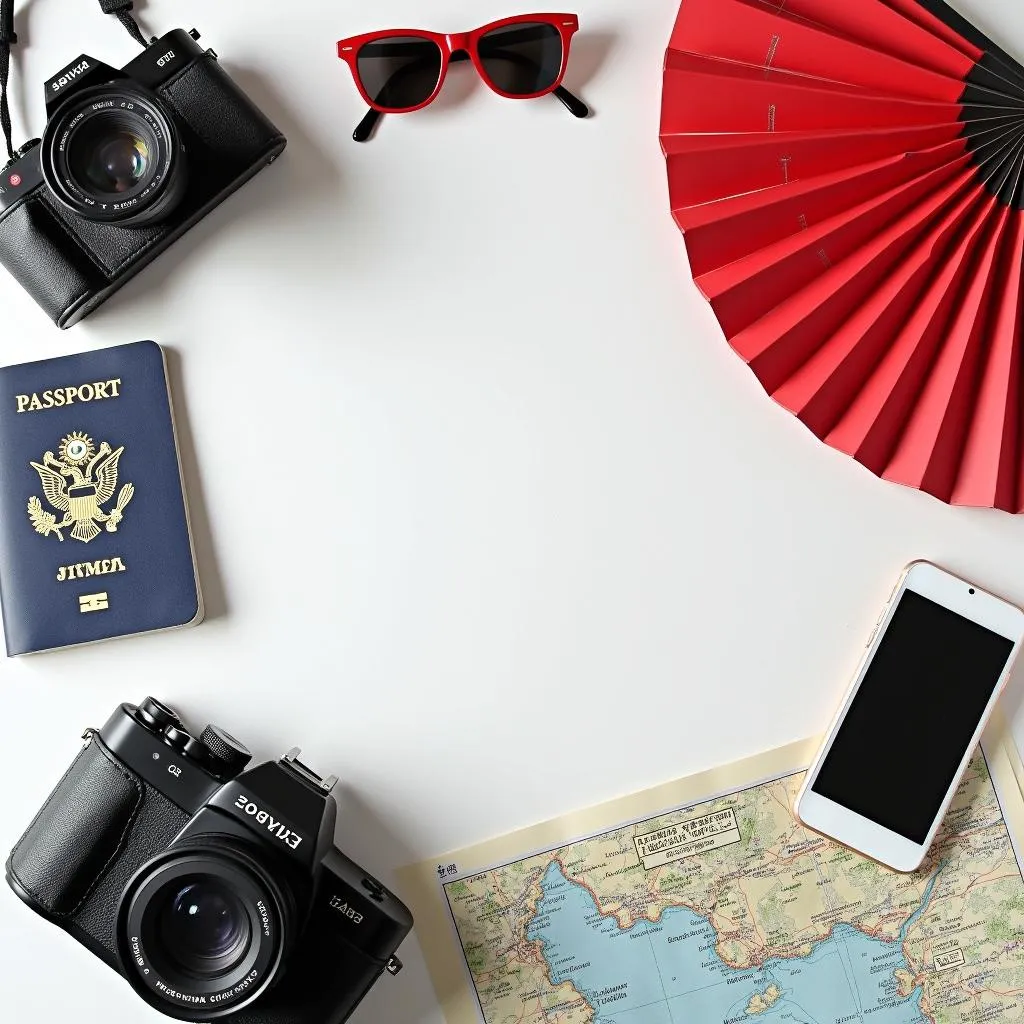 Flat lay of essential items for traveling in Japan, including a passport, wallet, phone, map, camera, sunglasses, and a Japanese fan.