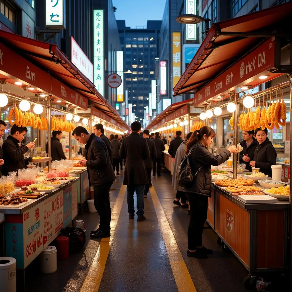 A vibrant street food market in Tokyo, Japan