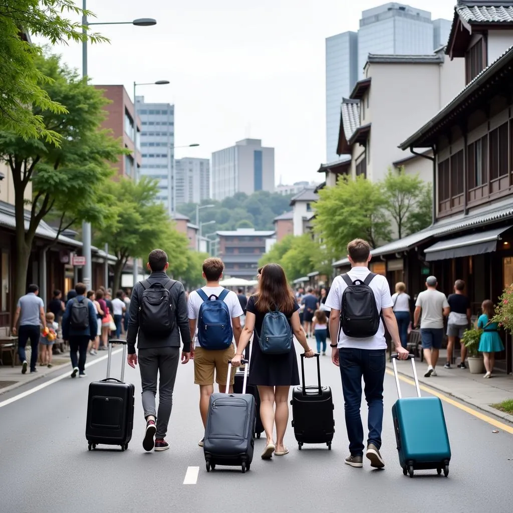 Tourists Exploring Japan With Suitcases