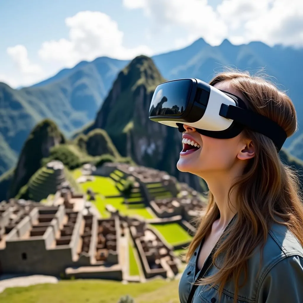 A person wearing VR headset experiencing Machu Picchu virtually