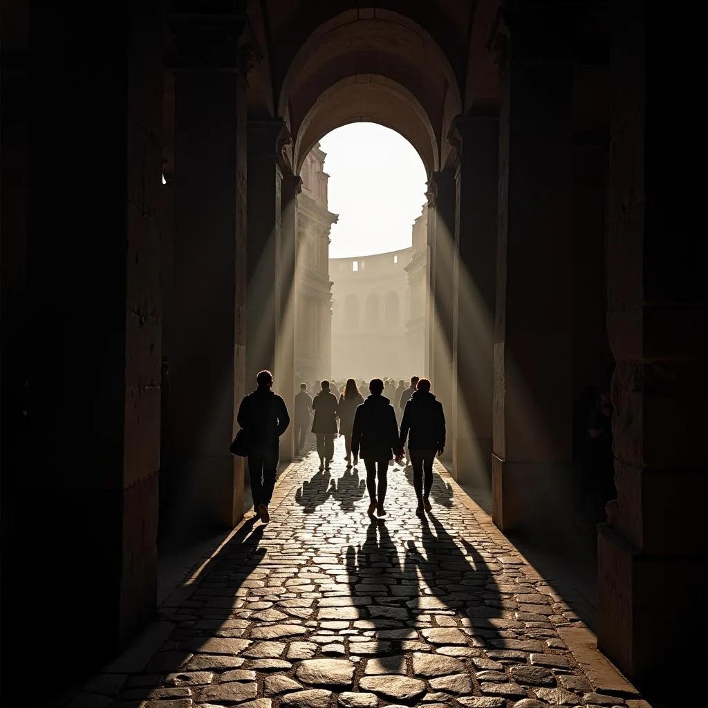 Tourists exploring the Colosseum's corridors