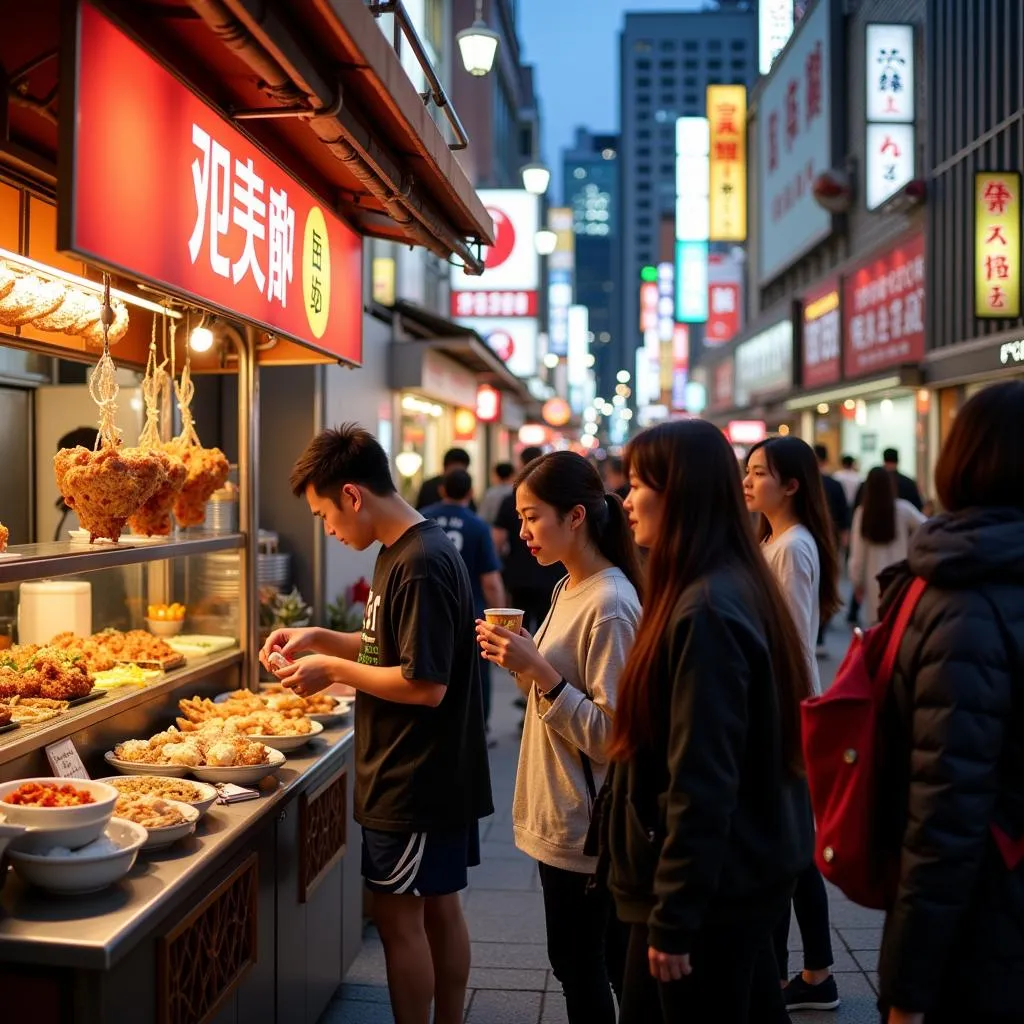 Tourists enjoying the vibrant street food scene in Tokyo