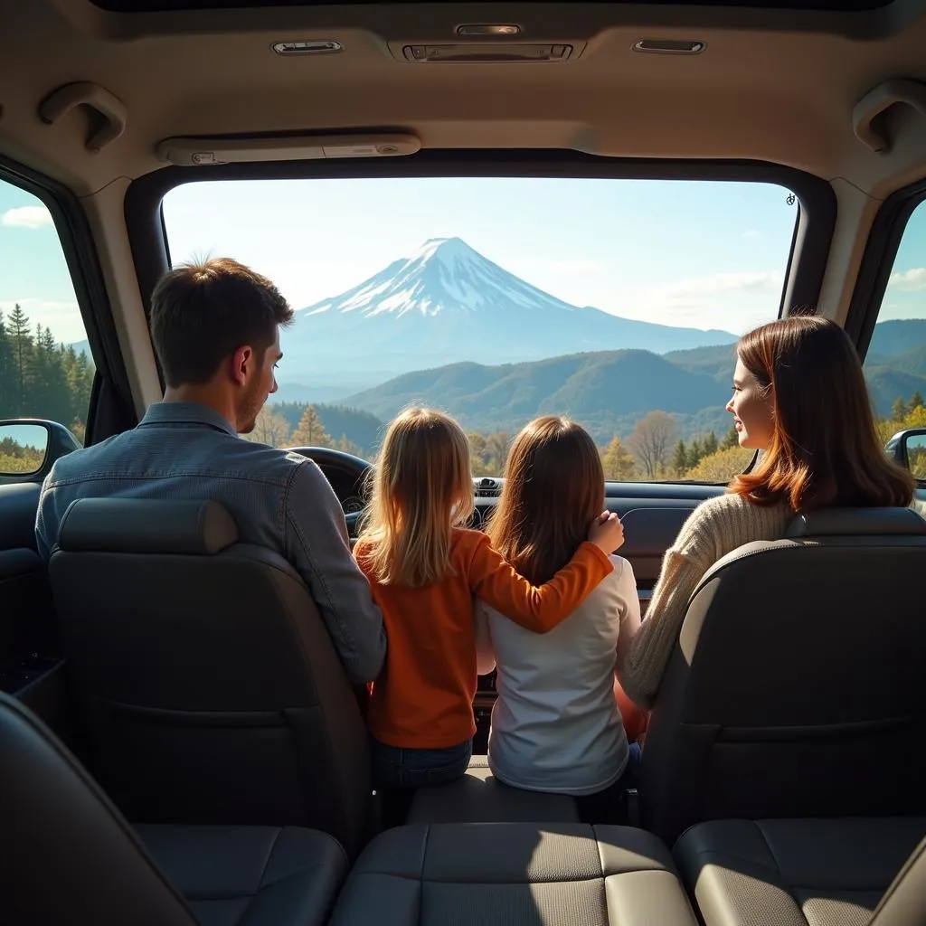 Family Enjoying Scenic View of Mount Fuji from their Touring Car