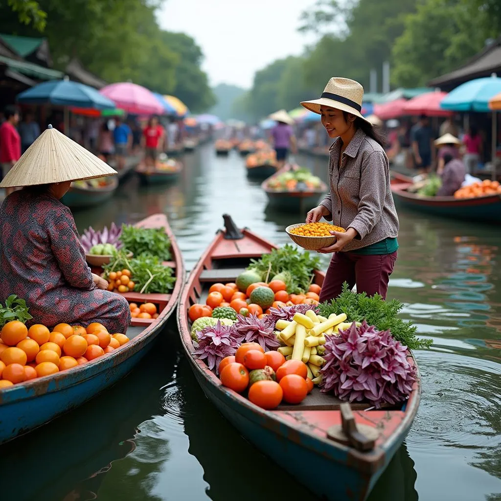 A bustling floating market in Pattaya with vendors selling goods from boats