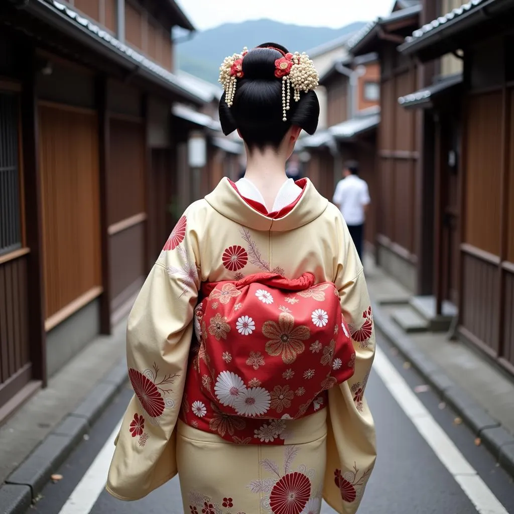 Geisha in Traditional Kimono Strolling through Kyoto