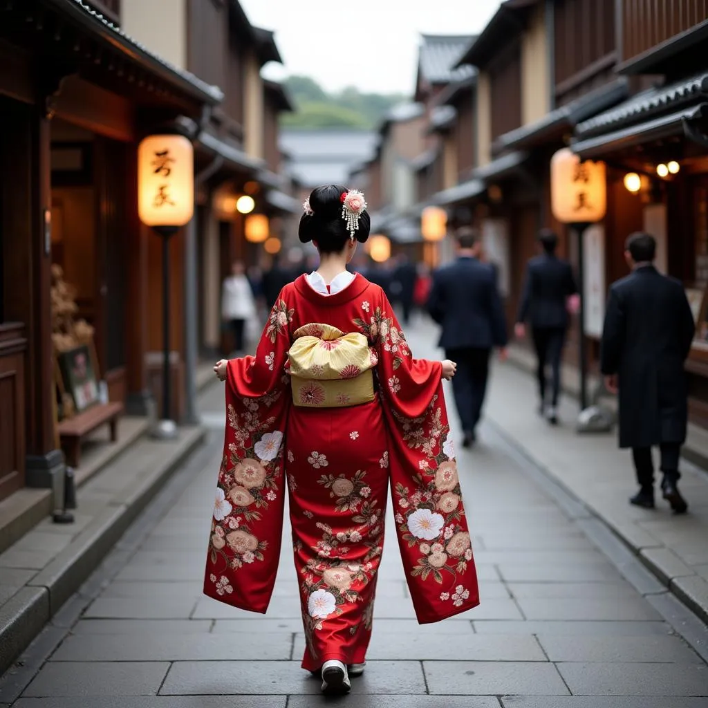 Geisha in Traditional Attire Walking through Gion District