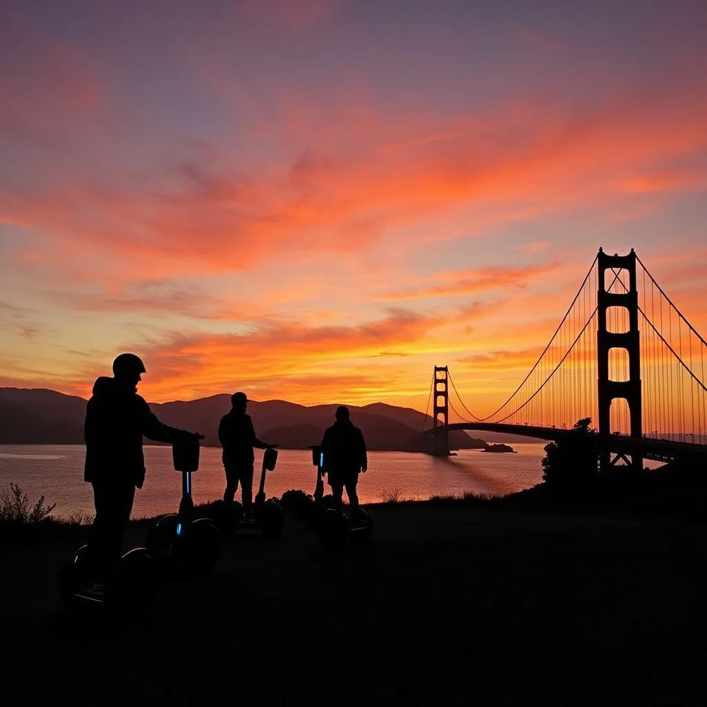 Silhouette of tourists enjoying a Golden Gate Park Segway tour against a vibrant sunset