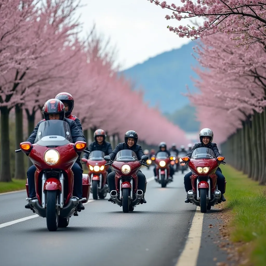 Group of Goldwing riders on a road lined with cherry blossoms