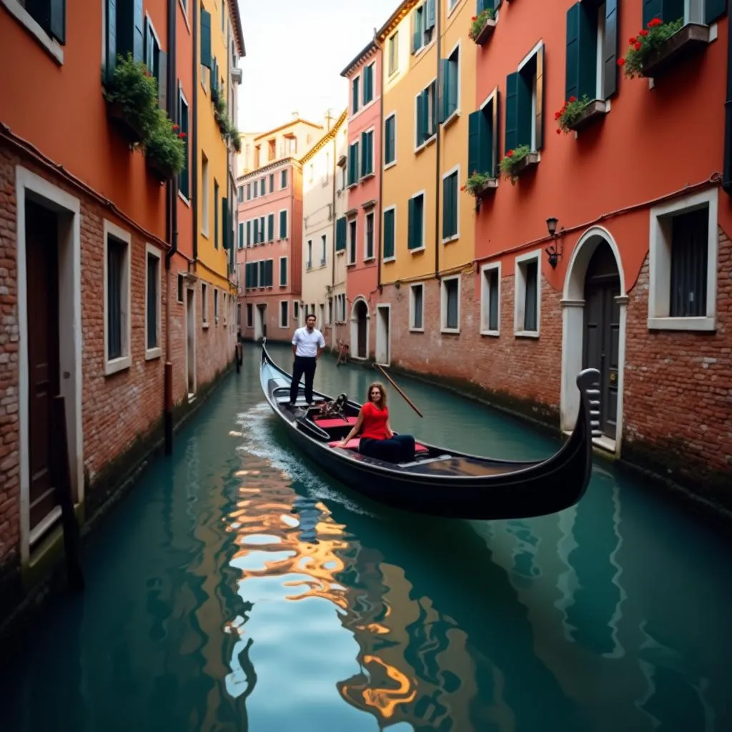 A gondola glides through the serene canals of Venice, Italy