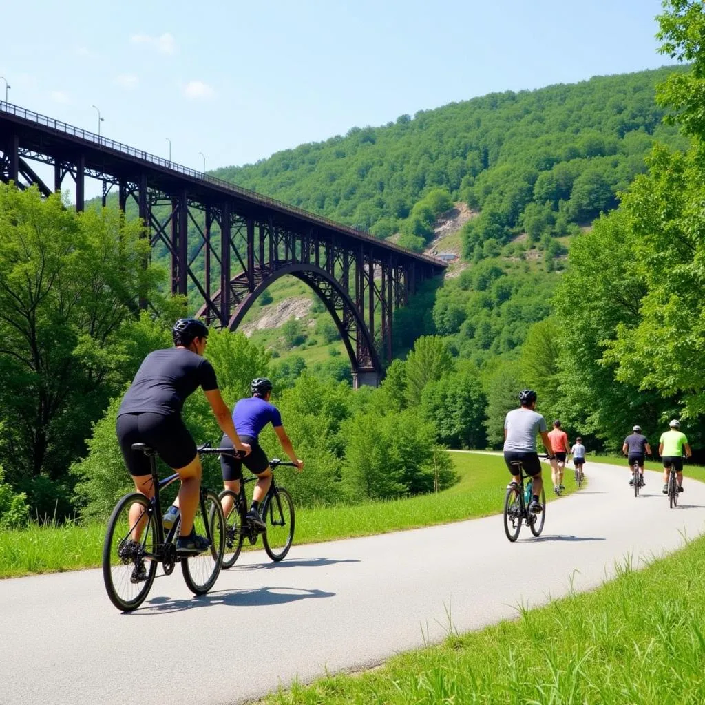 Cyclists enjoying the scenic views while riding over a historic viaduct on the Great Allegheny Passage in Pennsylvania