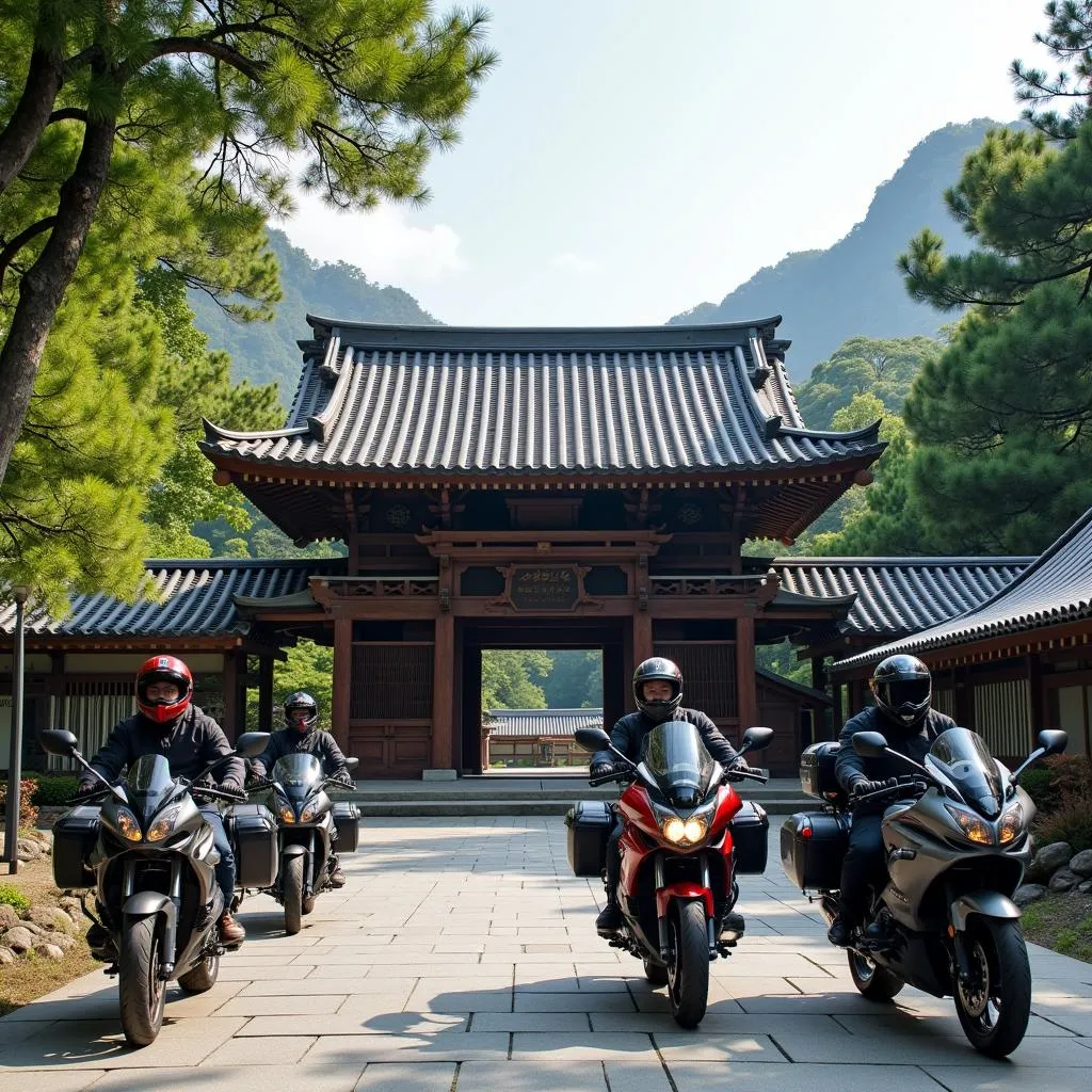 Group of motorcycles parked near a traditional Japanese temple