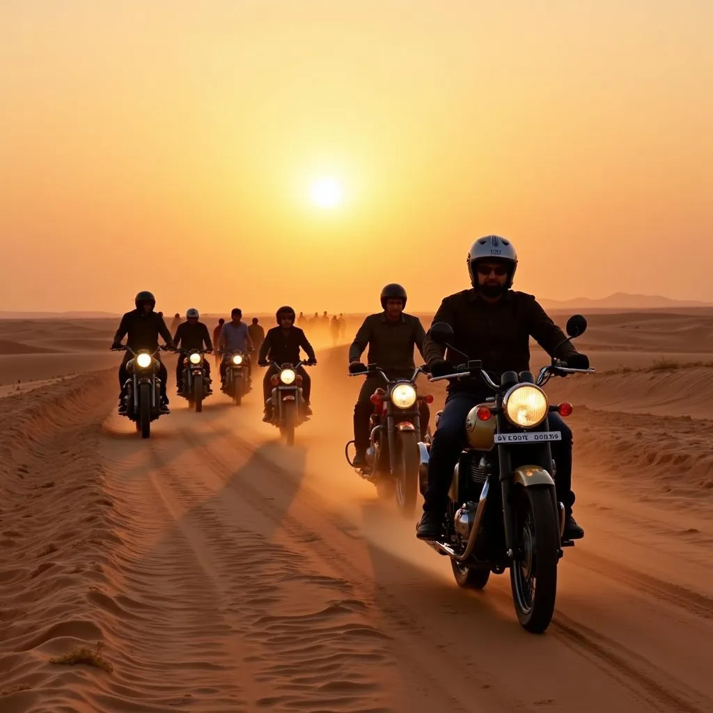 Group of motorcycles riding through the desert in Rajasthan