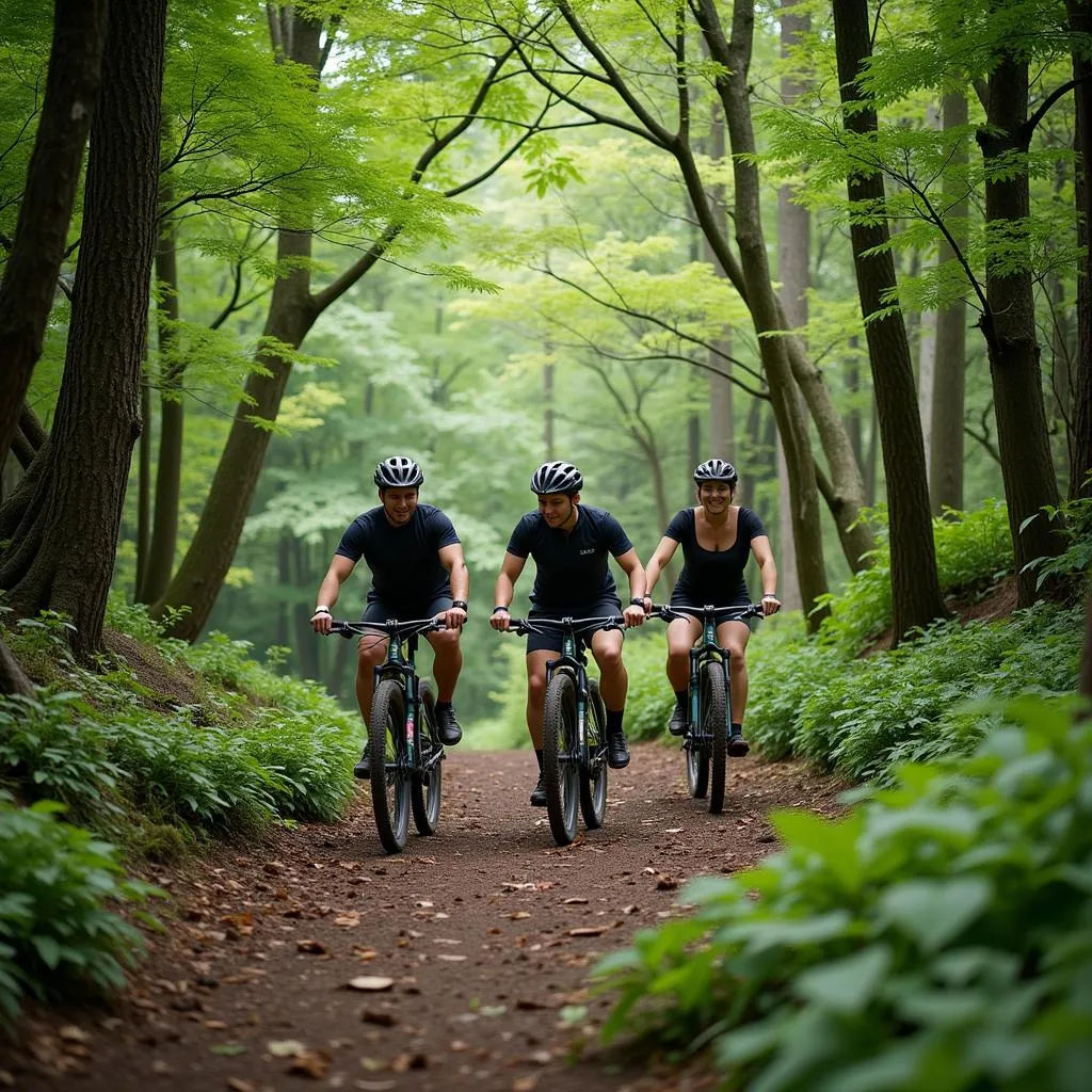 A group of cyclists enjoying a thrilling downhill ride in a lush Japanese forest