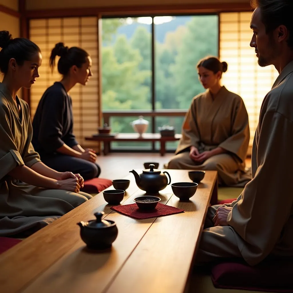 Group of Tourists Participating in a Traditional Japanese Tea Ceremony