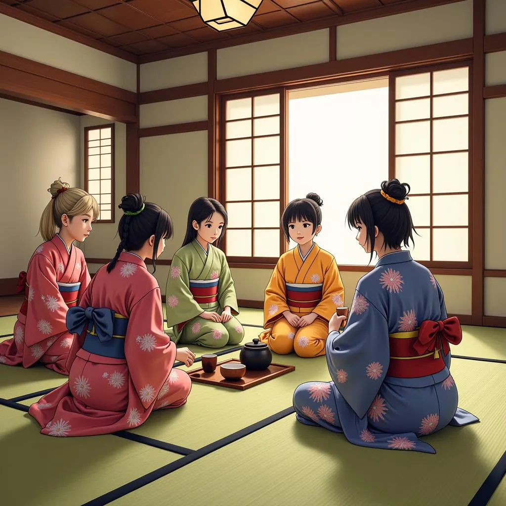 Group of Friends Enjoying Traditional Japanese Tea Ceremony