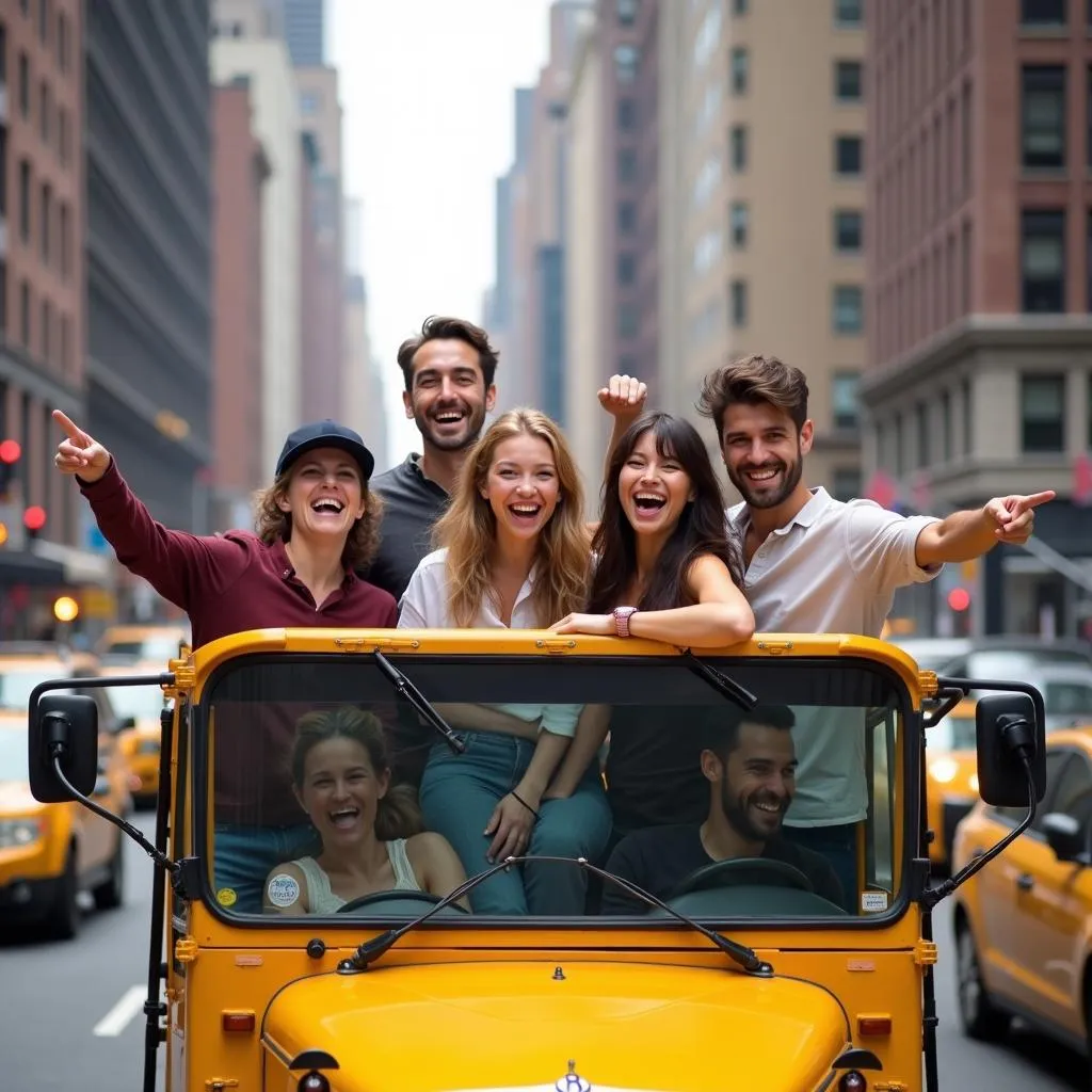 Group of friends on NYC bus tour