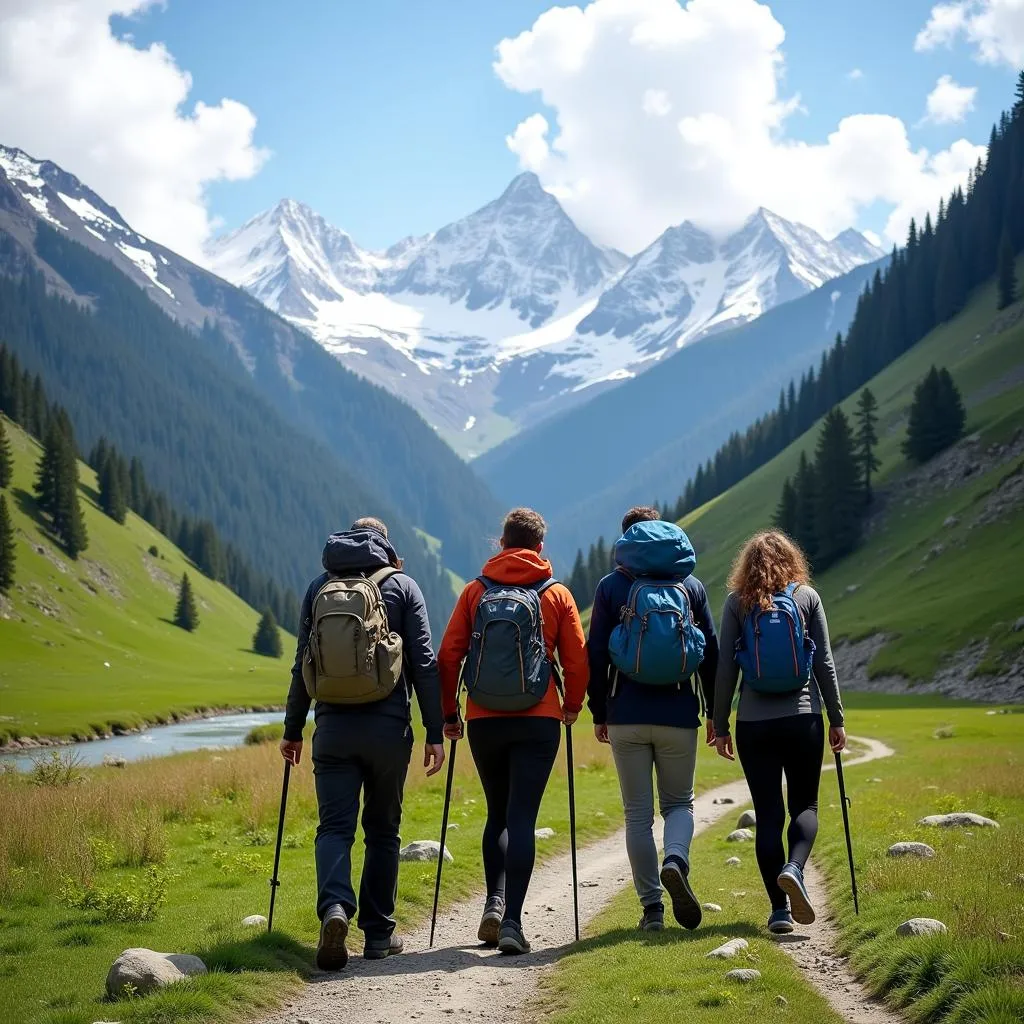 Group of friends trekking in Kashmir mountains