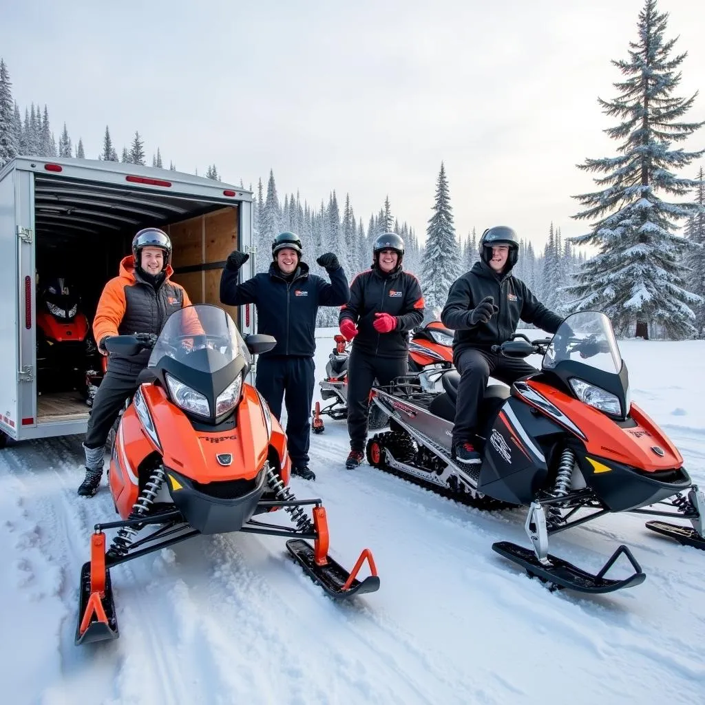 Group of friends preparing their Ski-Doo Grand Tourings for a winter adventure, unloading them from a trailer