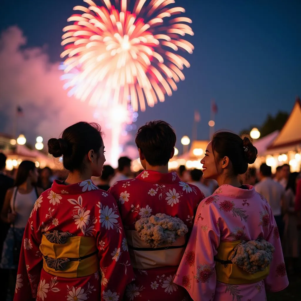 Friends in yukata enjoying a summer festival in Japan