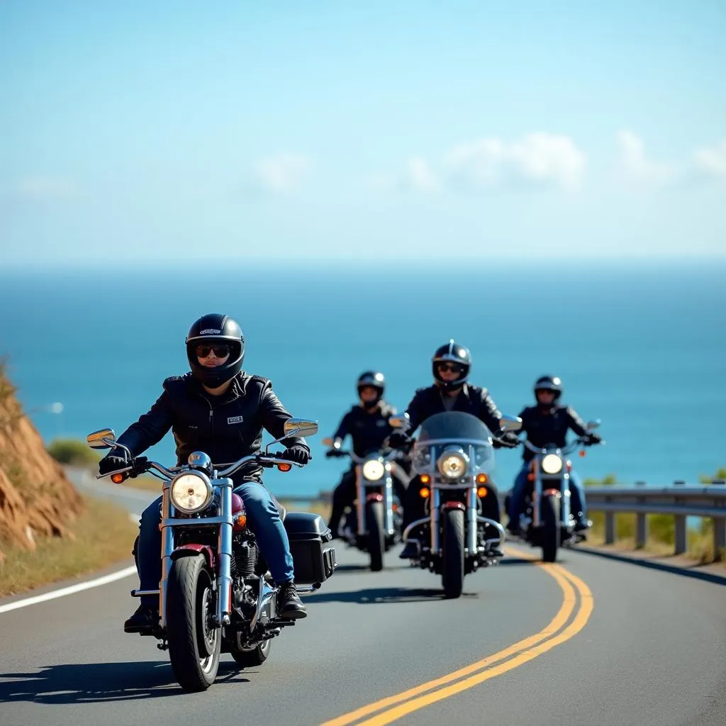 Group of motorcyclists riding Harley Davidson bikes on a coastal road in Japan