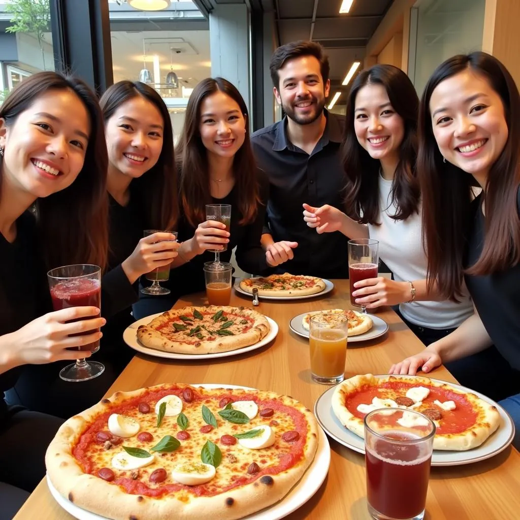 A group of people having fun during a pizza tour in Japan