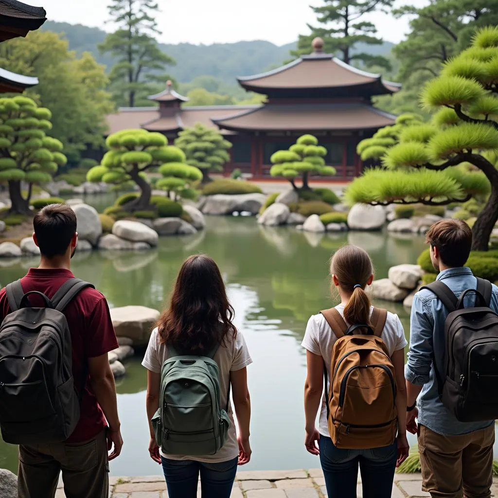 Tourists Exploring a Japanese Garden