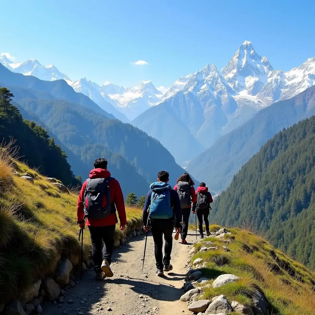 Group of trekkers hiking in the Himalayas near Gangtok