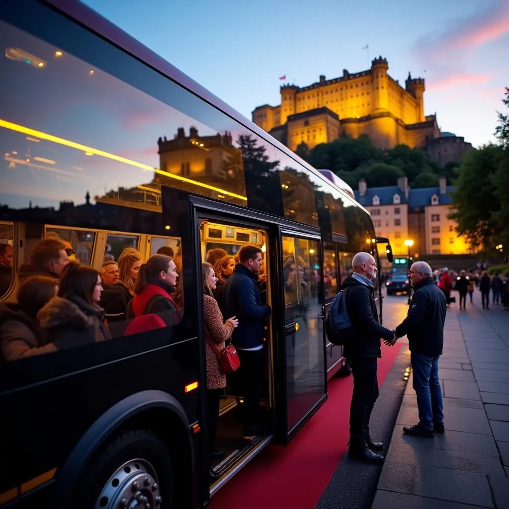 Group of tourists boarding a coach in Edinburgh, with the iconic Edinburgh Castle in the background