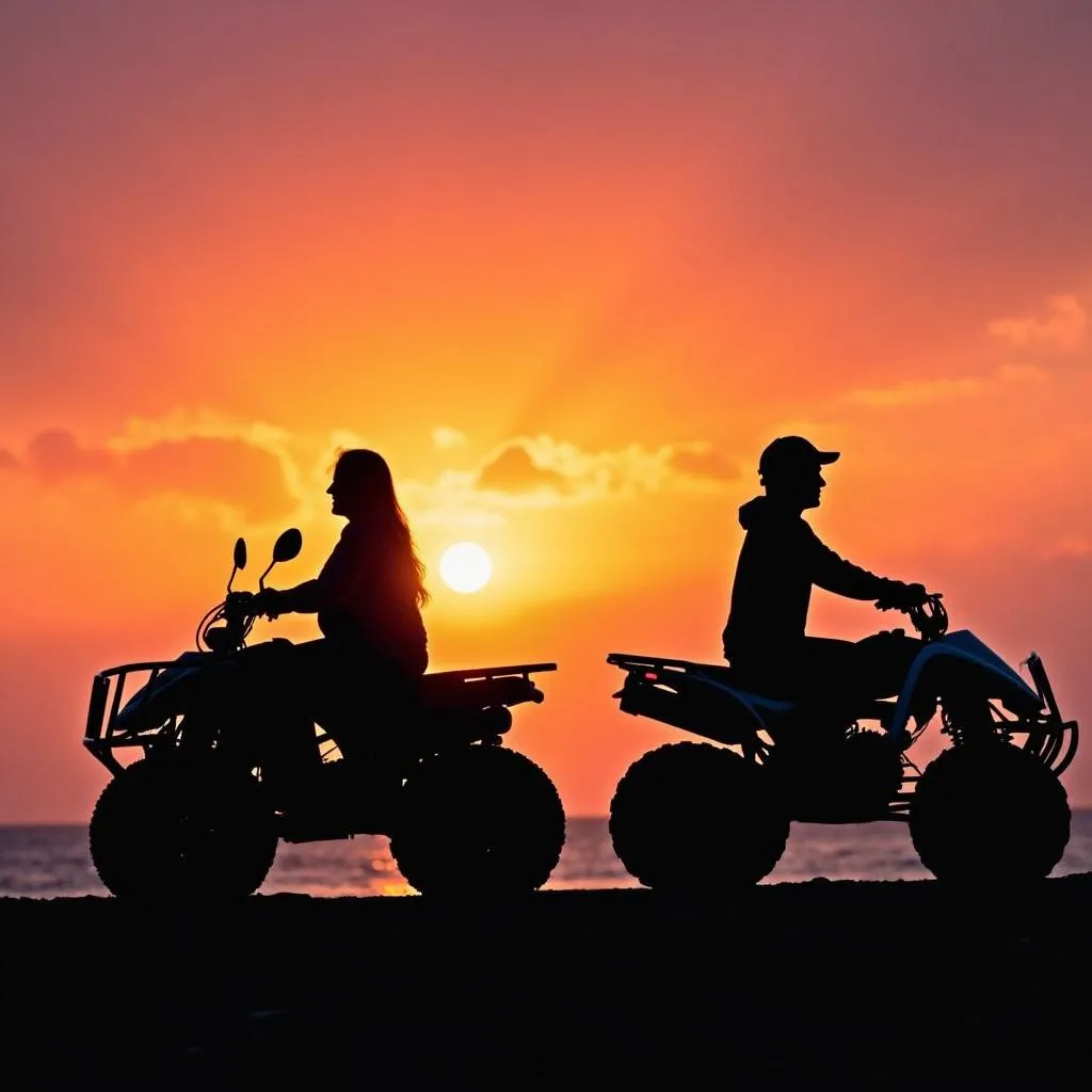 Couple enjoying a romantic ATV ride during sunset in Guanacaste