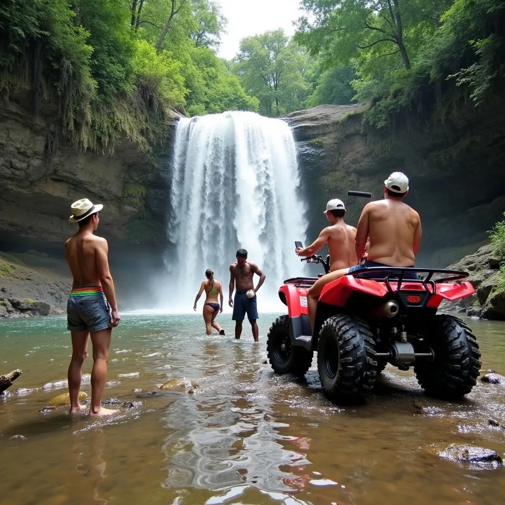 ATV tour group taking a break at a waterfall in Guanacaste