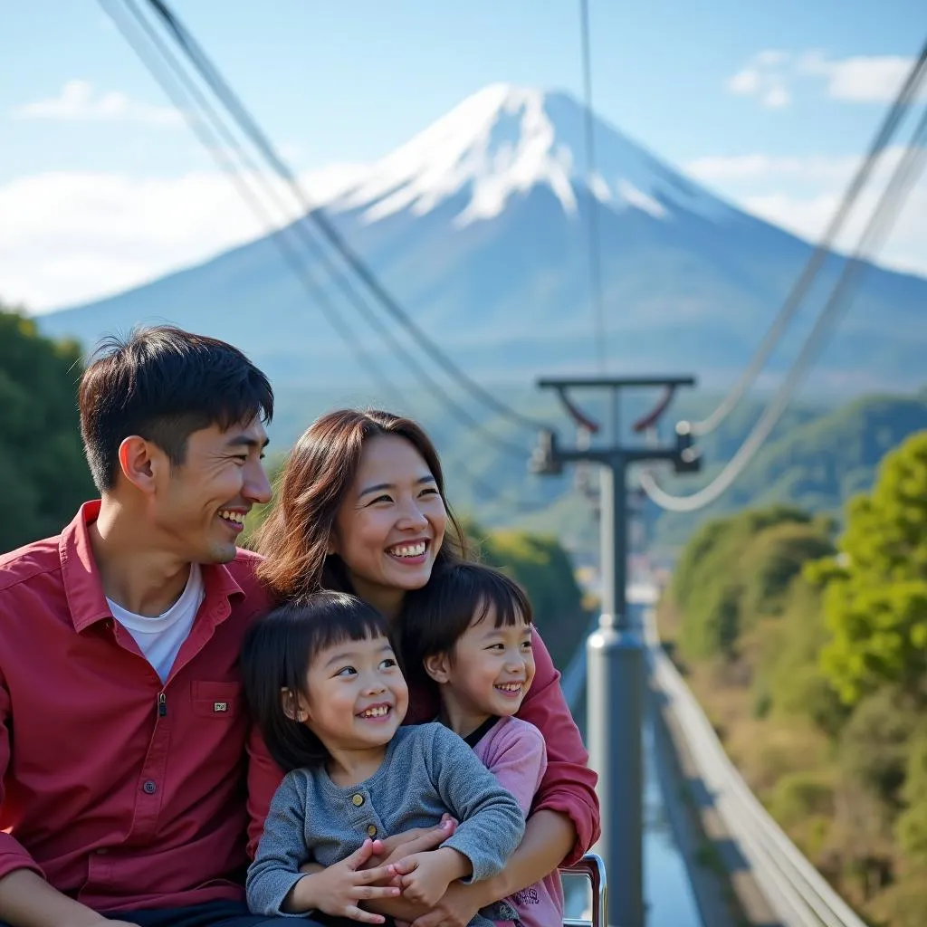 Family enjoying the Hakone Ropeway with Mount Fuji in the background