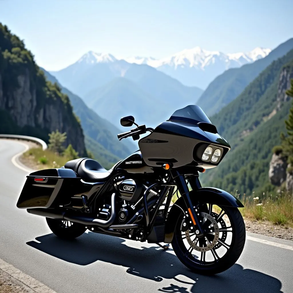 Harley Davidson touring bike on a scenic Japanese mountain road