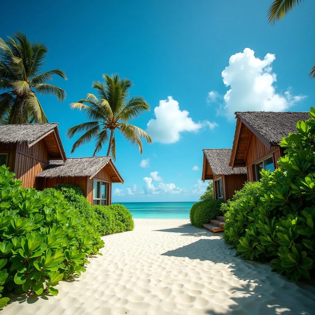 Havelock Island beach huts with tropical vegetation and blue sky