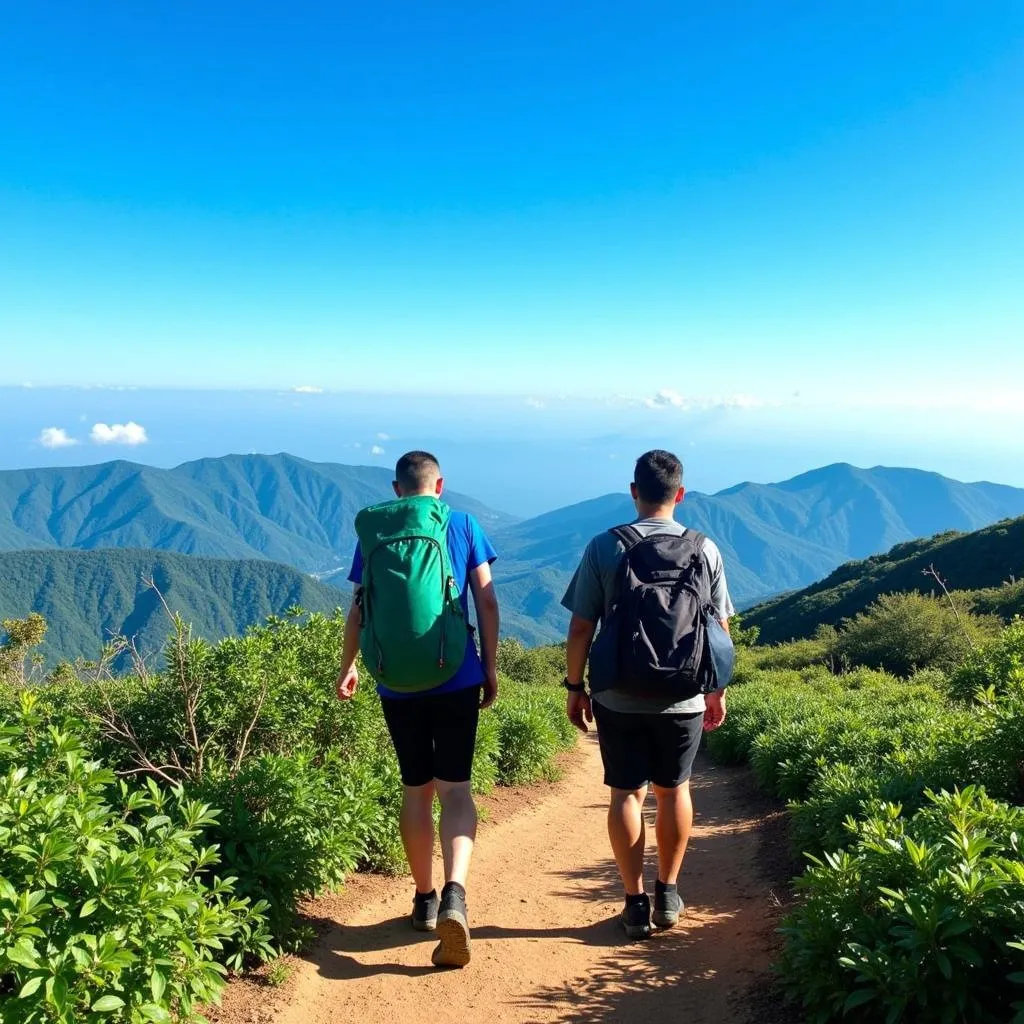 Two hikers stand on a mountain trail, taking in panoramic views of lush green valleys and rolling hills in the Philippines. 