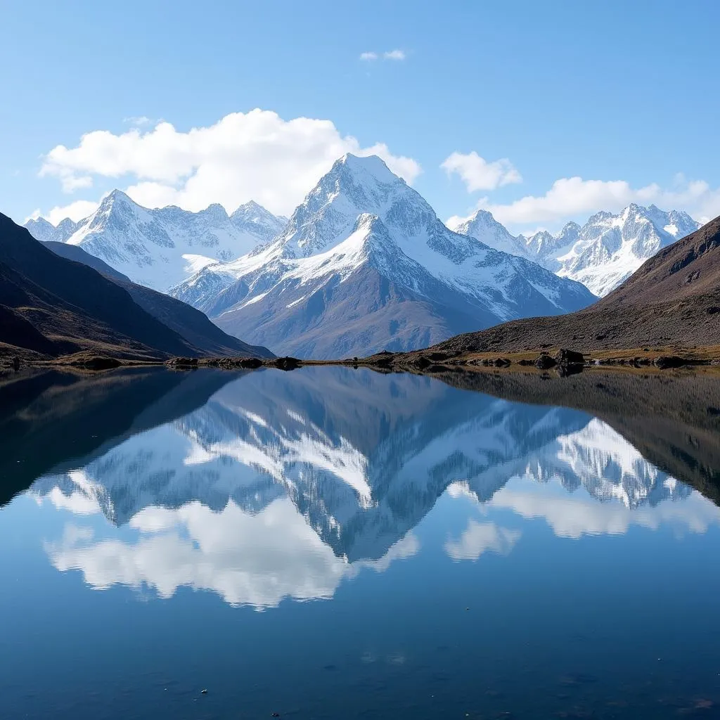 Himalayan peaks reflected in a serene lake