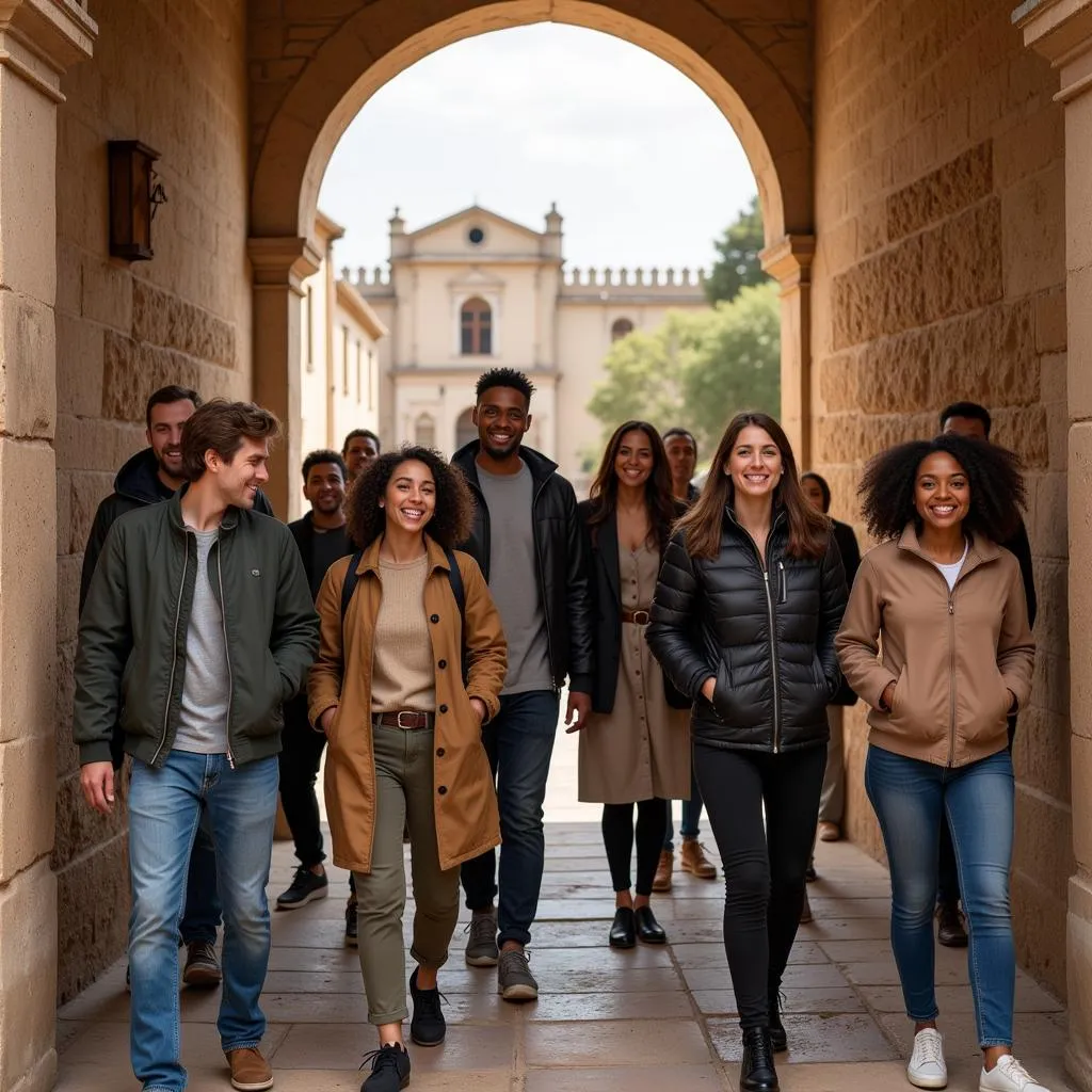 Group of pilgrims exploring a historical site in the Holy Land