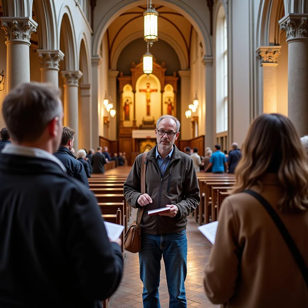 Tour guide explaining the history of a church in the Holy Land.